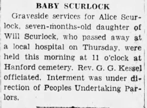 Alice Scurlock Died 11 Aug 1938